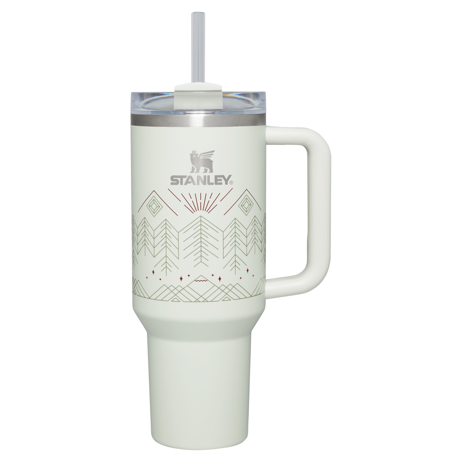 A Stanley Quencher H2.0 FlowState Tumbler 40oz in a pastel color, showcasing its handle and straw.