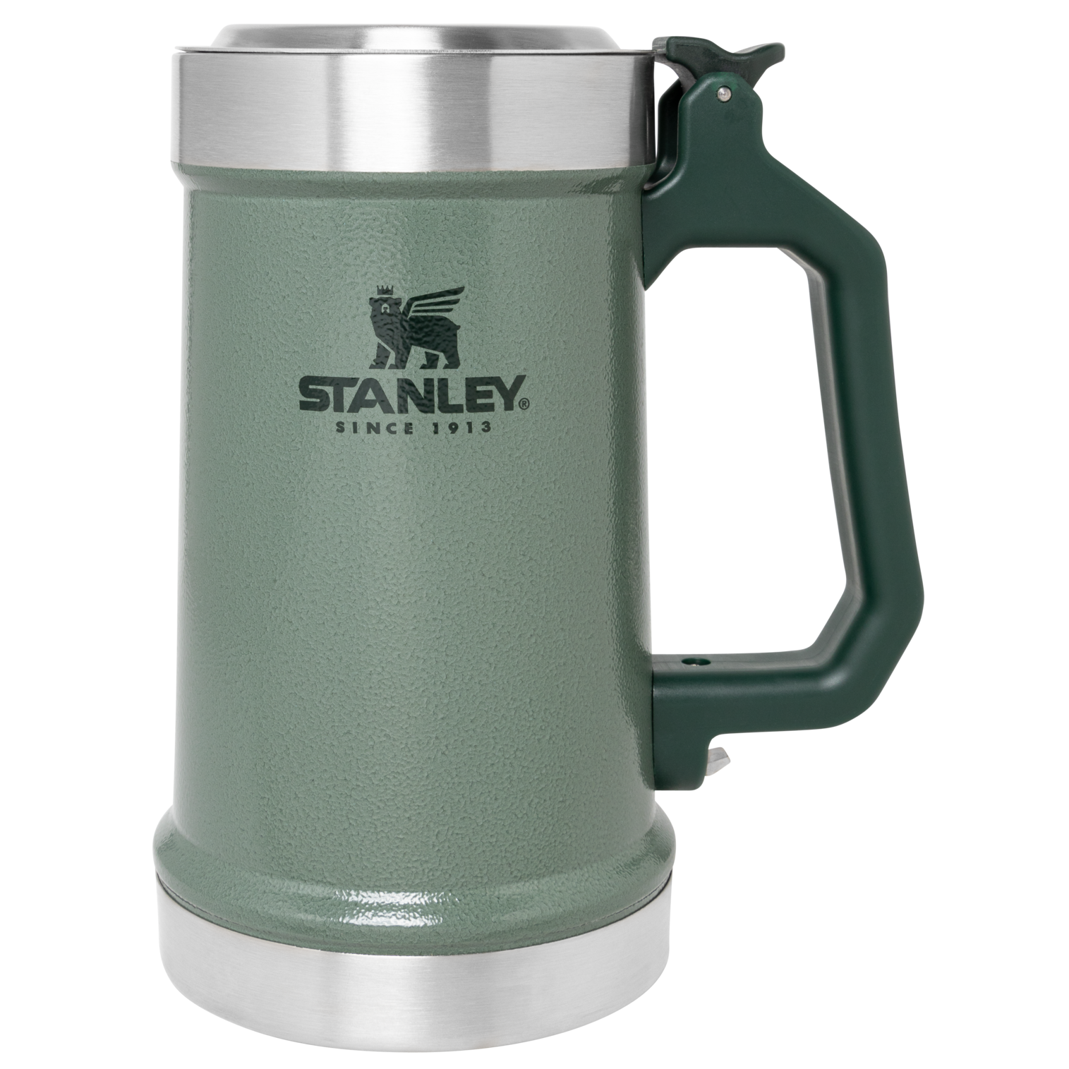 Stanley Classic Bottle Opener Beer Stein 24 oz | Flip Up Lid and Heavy Duty Handle with Built in Bottle Opener | Insulated Stainless Steel Beer Mug | BPA-Free | Hammertone Green