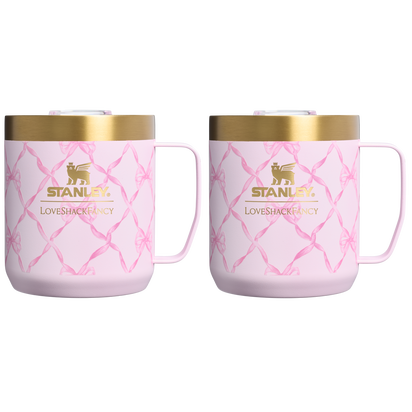 Stanley 1913 Stanley 1913 x LoveShackFancy Holiday Everyday Camp Mug Set 12 OZ 0.35 L in Baby Bow Pink Peppermint | Front View