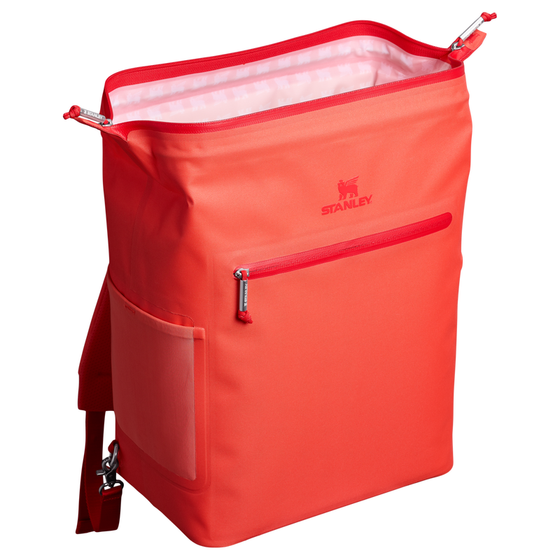 Stanley 1913 The All Day Madeleine Midi Cooler Backpack 20 Can 14.8 QT 14.0 L in Hot Coral | Back Open View